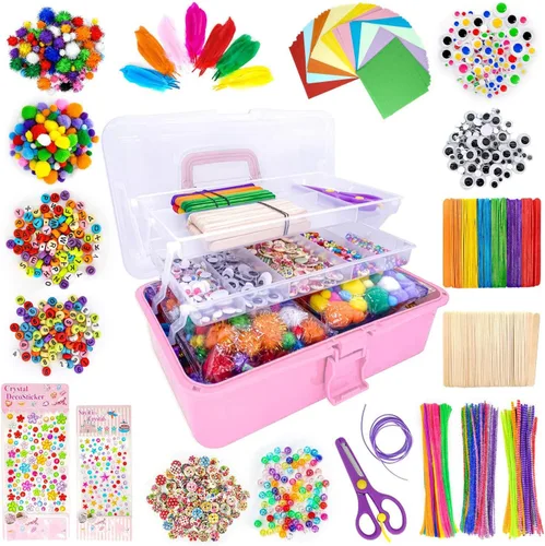 Miniatura 8 de kortes Suministros de arte y manualidades jumbo para niños, juego de suministros de arte de bricolaje incluye limpiapipas, pompones, plumas, caja