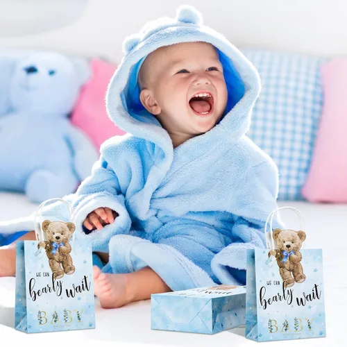 Miniatura 7 de Tinlade - 16 bolsas de regalo de oso para baby shower, We Can Bearly Wait, bolsas de regalos con asas, para baby shower, regalos para recién Azul