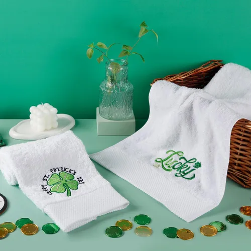 Miniatura 5 de Quera Paquete de 2 toallas de mano para el día de San Patricio, trébol de la suerte, 100% algodón, bordadas, decoración de lujo, juego de toallas