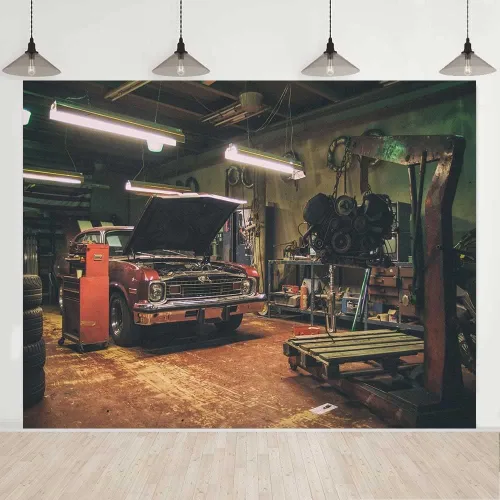 Miniatura 8 de Fondos de garaje antiguos para fotografía de 5 x 3 pies, fondos de reparación de automóviles temáticos para fiesta de fotos y accesorios de estudio