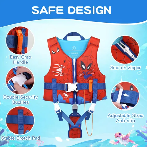 Miniatura 4 de Chaleco de natación para niños pequeños con doble correa de seguridad ajustable para niños de 1 a 9 años en adelante, chaqueta de natación