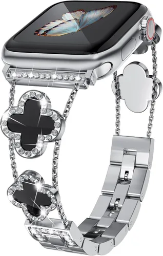 Miniatura 10 de Musk-MSKR Correas de metal con diamantes añaden brillo a tu reloj para Apple Watch Series 11/10/9/8/7/6/5/4/3/2/SE/Ultra Trébol Simple y elegante
