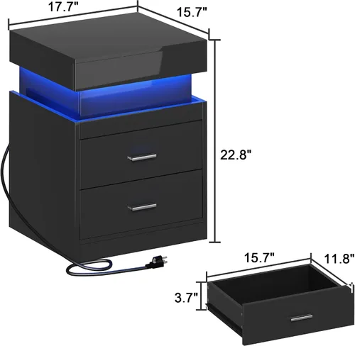 Miniatura 2 de ChooChoo Mesita de noche LED con estación de carga, mesita de noche inteligente con almacenamiento superior deslizante, mesa de noche de alto brillo