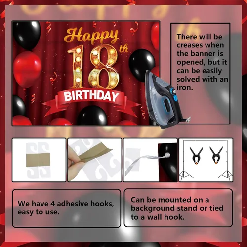 Miniatura 4 de Cartel rojo de feliz cumpleaños 18 años, telón de fondo dorado con globos rojos y negros, decoración temática para niñas y mujeres, princesa de 18
