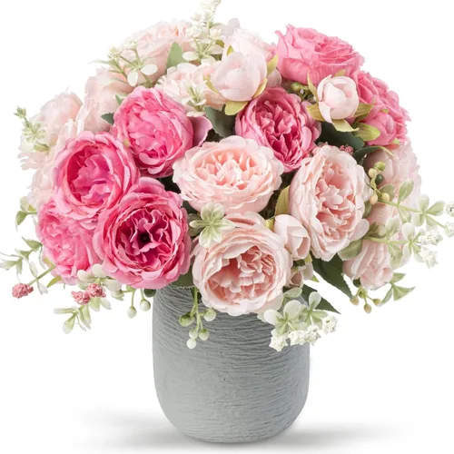 Flores de seda de peonía artificial, ramo de peonía falsa rosa 4 paquetes Arreglos florales decoración para casa de campo estilo boho centro de mesa
