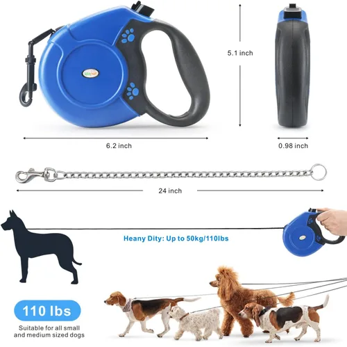 Miniatura 4 de Idepet Correa retráctil resistente para perros pequeños y medianos, cadena de acero antimasticación de 360 grados sin enredos, sistema de bloqueo