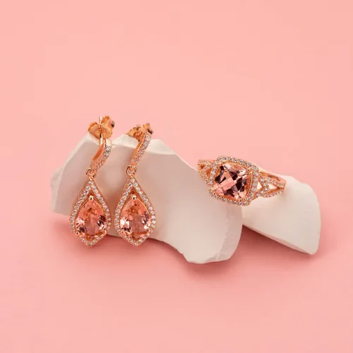 Miniatura 4 de PEORA Anillo de halo de plata de ley en tono rosa de morganita simulada