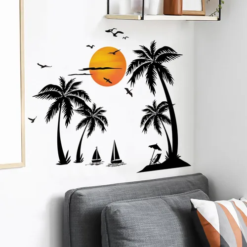 Miniatura 3 de Calcomanías de pared grandes de palmera negra, calcomanías de pared de pájaros tropicales de cocotero, mural de bosque para dormitorio, sala