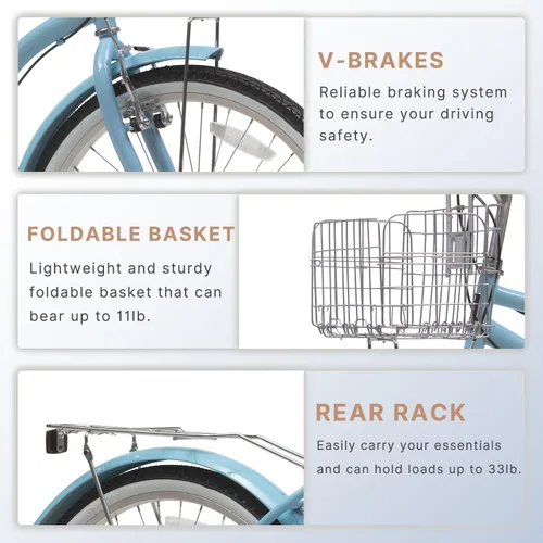Miniatura 3 de ACEGER Girls Bike with Rattan Basket for 10+ Years, 24" 26" 1 & 7 Speed Comfort Commute Bicycle, Included Dual Brakes & Seat Rack, Adjustable