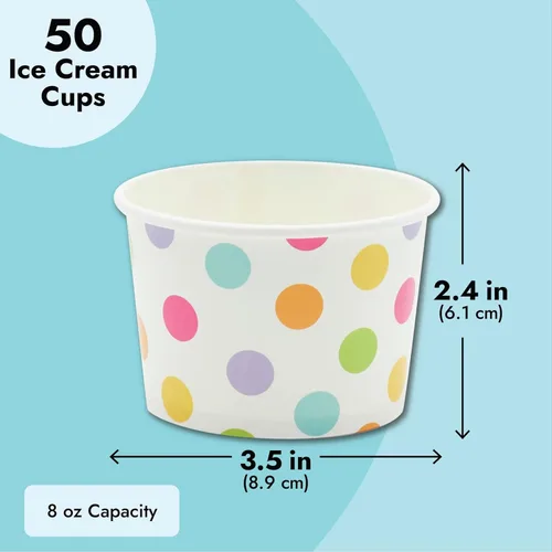 Miniatura 5 de BLUE PANDA Vasos de papel para helado, 50 unidades, diseño de lunares arcoíris, desechables para helados y aperitivos, cuencos de helado, tazas