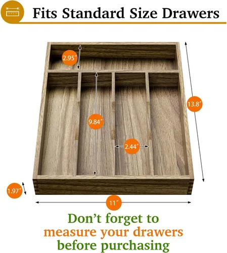 Miniatura 2 de Kiasthome Organizador de Cajón de Cubiertos de Madera de Acacia, Organizador de Cajón de Utensilios de Cocina con Divisores Ranurados, Organizador