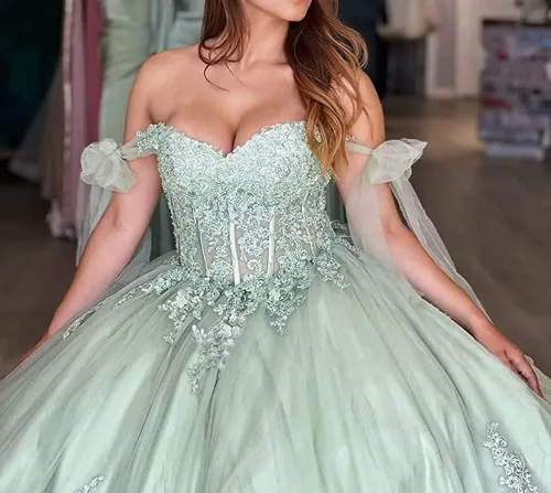 Miniatura 3 de Vestidos de quinceañera con hombros descubiertos vestidos de tul hinchados para vestido de 15 años de encaje apliques vestido de fiesta Ftu01