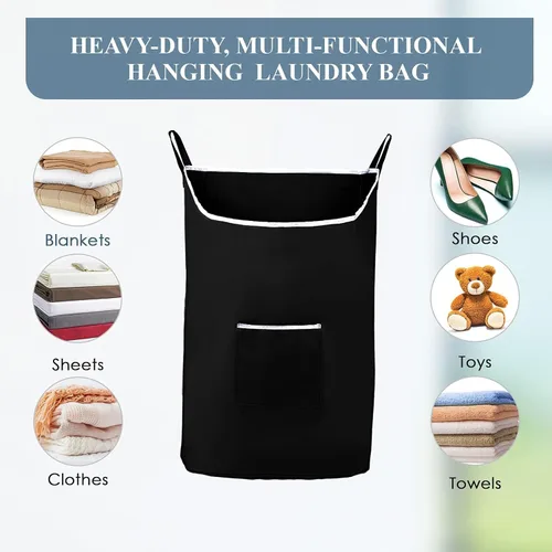 Miniatura 5 de The Fine Living Co. Cesta de lavandería colgante extragrande con ganchos para la puerta y adhesivo, bolsa de lavandería duradera que ahorra espacio