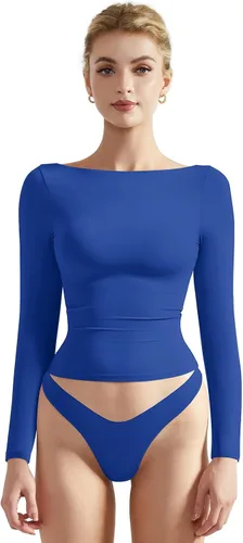 Miniatura 16 de SUUKSESS Camiseta de mujer con cuello redondo, manga larga, doblemente forrada, ajustada y corta