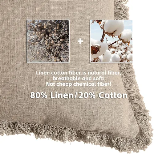 Miniatura 2 de AmHoo Paquete de 2 fundas de almohada de lino con borlas con flecos decorativas rústicas naturales para cojín de sofá, sofá, dormitorio 16 x 16 Beige