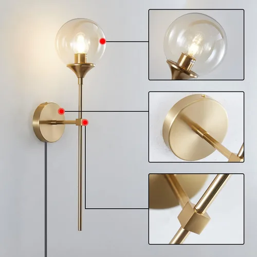 Miniatura 3 de KCO Lighting Mid-Century - Juego de 2 apliques de pared con cable de cristal dorado, lámparas de pared modernas industriales de brazo largo