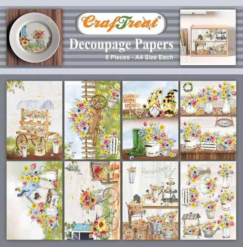 CrafTreat Papel de decoupage – 8 piezas de tamaño A4 (8.3 x 11.7 pulgadas) flores de jardín diseñadas suministros de manualidades para adultos,