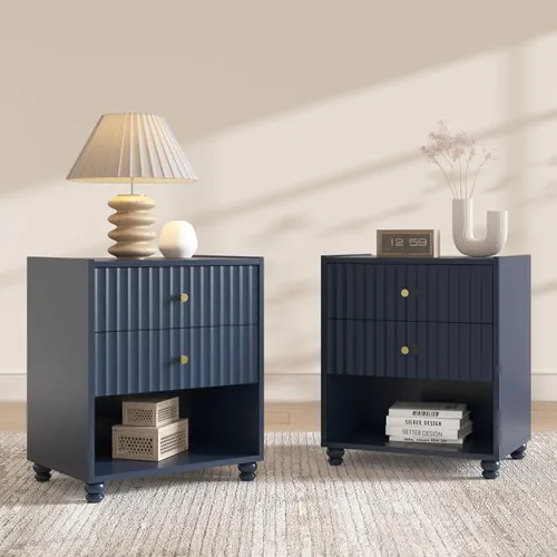 Miniatura 12 de Moderna mesita de noche, mesa auxiliar acanalada con 2 cajones, mesita de noche con estante abierto para dormitorio (1, negro)