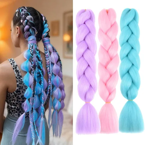 Miniatura 12 de Paquete de 3 extensiones de cabello trenzado de colores de 24 pulgadas, extensiones de cabello sintético para trenzar, morado, verde, amarillo
