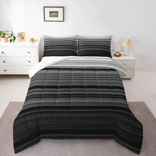 Miniatura 45 de jejeloiu Juego de edredón geométrico para niños, tamaño individual, diseño de rayas de color negro, blanco y gris, juego de ropa de cama decorativo