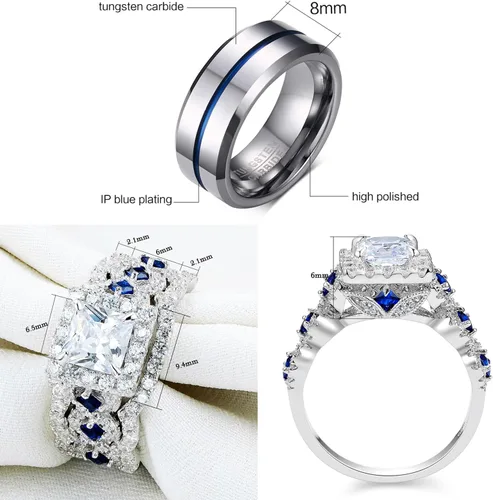 Miniatura 3 de Newshe - Juego de anillos de boda para él y para ella, de tungsteno y plata esterlina, con circonia cúbica, para la pareja, tallas 5 a 12