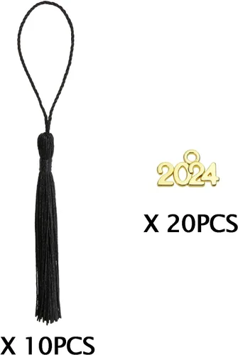 Miniatura 2 de Tupalizy 10 mini borlas sedosas hechas a mano con 20 dijes del año 2024 para graduación, llavero, aretes, joyería, regalos de boda, recuerdos, Negro