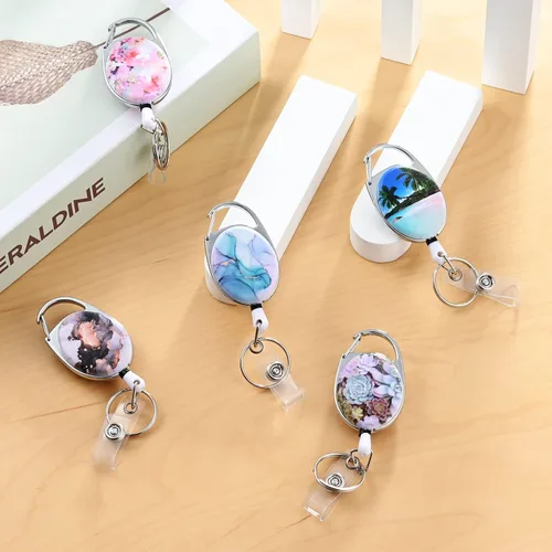 Miniatura 7 de Carretes de Insignia Retractables de Hueso - Soportes de Impresión de Color Doble Cara con Llavero, Clip y Anillo para Llaves - Cuerda de Nylon