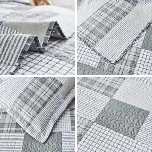 Miniatura 5 de Colcha a cuadros gris y blanco tamaño Full/Queen, colchas de retazos ligeras, colcha geométrica a cuadros, ropa de cama suave y transpirable, Gris