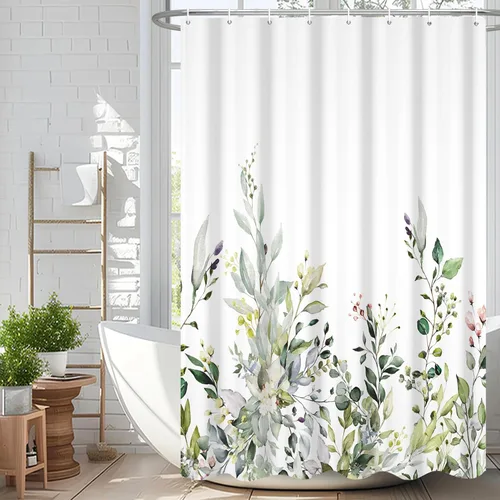 Miniatura 17 de Cortina de ducha de eucalipto verde salvia Velaequezii con plantas de acuarela, hojas botánicas de primavera impresas, cortina de baño impermeable