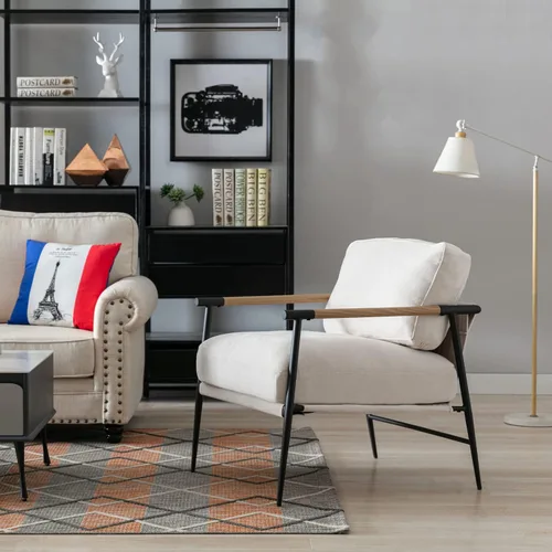 Miniatura 8 de Ya-Home Silla Decorativa de Mediados del Siglo, Silla Suave de Chenille con Patas de Metal Negro, Silla Tapizada de Ocio para Sala de Estar Beige