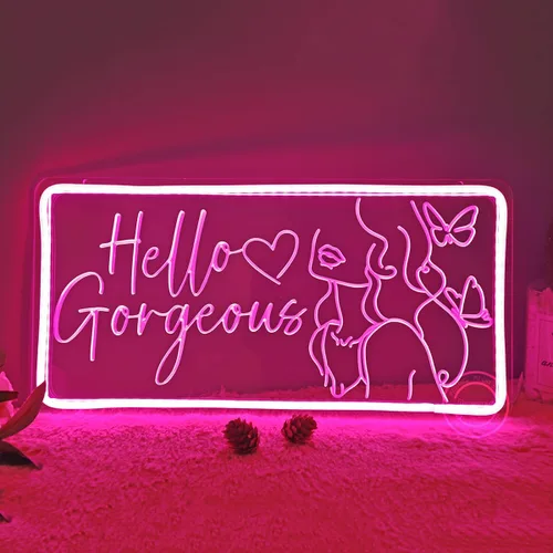 Miniatura 5 de Britrio Letrero de neón Hello Gorgeous para decoración de pared, luz de neón LED rosa, señal de pared de mariposa en forma de corazón