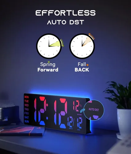 Miniatura 8 de EASYERA Reloj de pared digital grande de 16.5 pulgadas con sincronización BT, reloj de grano de madera con 11 escenas de luz RGB, control remoto