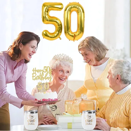 Miniatura 2 de Decoraciones de 50 cumpleaños para mujer en oro con banda y tiara de 50 cumpleaños, adorno para pastel y velas, globos numerados, regalos
