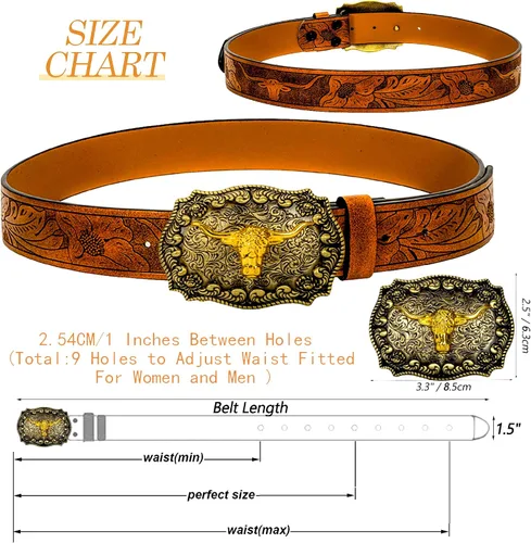 Miniatura 7 de Rodeo Western-Longhorn-Bull Cowboy-Belt para mujeres y hombres, cinturón de piel sintética con relieve floral para jeans