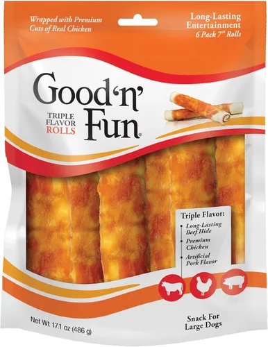 Good 'n' Fun Rolls - Golosina para perros de larga duración, para perros grandes, con proteínas reales, piel de res y pollo premium, apoya la salud