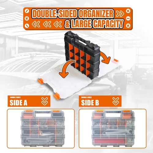 Miniatura 6 de Caja de herramientas con tapa transparente, caja organizadora de 34 compartimentos de doble cara con divisores extraíbles para herrajes, tornillos
