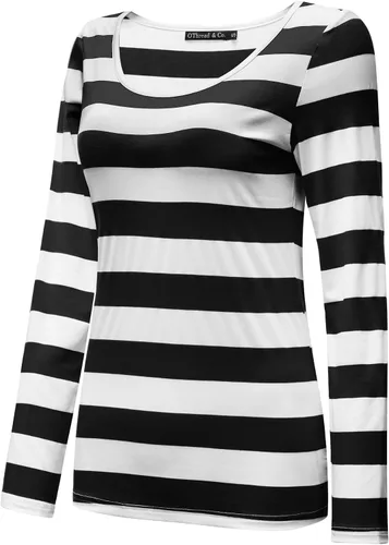 Miniatura 2 de OThread & Co. Camiseta básica de manga larga a rayas para mujer con cuello redondo