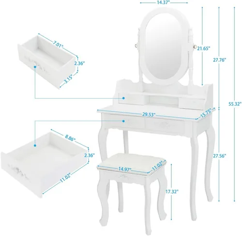 Miniatura 2 de Juego de mesa de tocador para tocador, mesa de maquillaje de madera, espejo ovalado, mesa de maquillaje para dormitorio con 4 cajones y taburete
