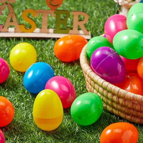 Miniatura 8 de JOYIN 50 huevos de Pascua de 2.3 pulgadas, huevos de plástico vacíos rellenables coloridos y brillantes a granel para caza de Pascua, golosinas