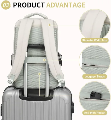 Miniatura 5 de Mochila impermeable para portátil para hombres y mujeres, aprobada para vuelos, antirrobo, con funda para portátil de 15.6 pulgadas (Beige)