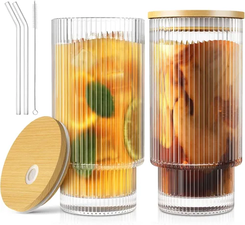 Miniatura 8 de CWHHRN Juego de 4 tazas de vidrio acanalado de 16 onzas con tapas y pajitas, cristalería vintage para whisky, cóctel, cerveza, tazas de café helado