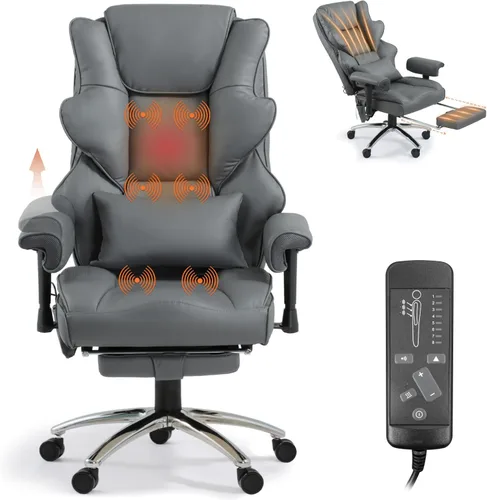Silla de oficina de masaje con reposapiés, silla de oficina ergonómica con calefacción ejecutiva con respaldo reclinable, brazos ajustables y Gris