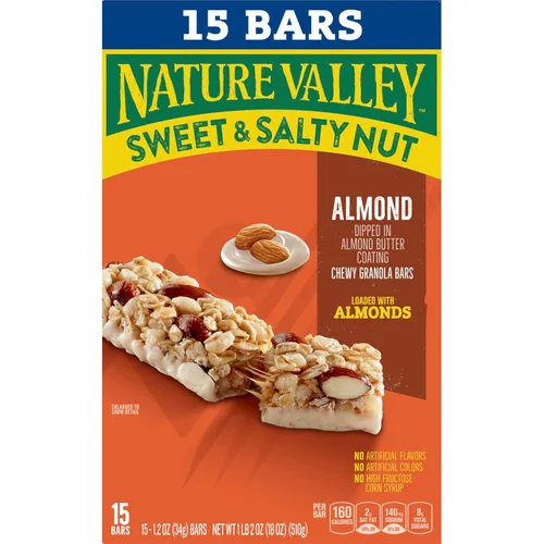 Miniatura 6 de Nature Valley Barras de granola de nueces dulces y saladas, almendra, 15 barras, 18 onzas