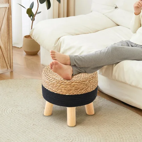 Miniatura 2 de Taburete redondo otomano natural de algas marinas, taburete de pie con 4 patas de madera, taburete redondo tejido a mano, taburete de sofá, taburete