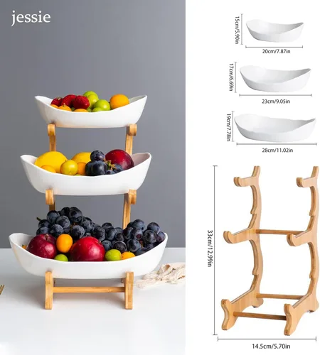 Miniatura 7 de jessie Cesta de frutas de 3 niveles, soporte de cerámica de gran capacidad, bandeja de bambú para servir frutas, aperitivos, nueces, pan, dulces
