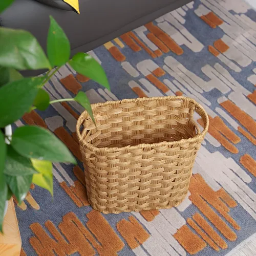 Miniatura 4 de Cesta de basura de mimbre con asas integradas, mini cesta multifuncional para el hogar y la oficina, diseño compacto y construcción duradera