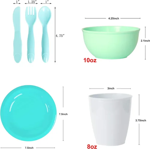 Miniatura 3 de Youngever Juego de 9 vajilla de plástico de 54 piezas, colores costeros, juego de comedor para niños pequeños, vasos, platos, cuencos, juego