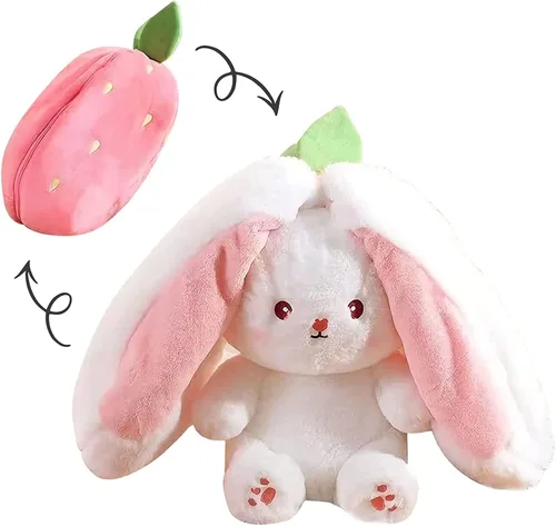 Miniatura 12 de Almohada de peluche de conejo, reversible, zanahoria y fresa, animal de peluche con cremallera, bonita decoración de conejo para niños y adultos