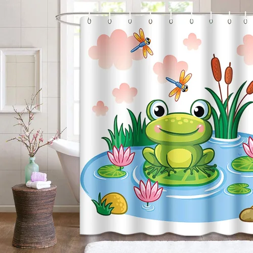 Miniatura 6 de Emvency Cortina de ducha azul con dibujos animados de rana sentada en estanque estilo infantil lago con animales, tela de poliéster impermeable