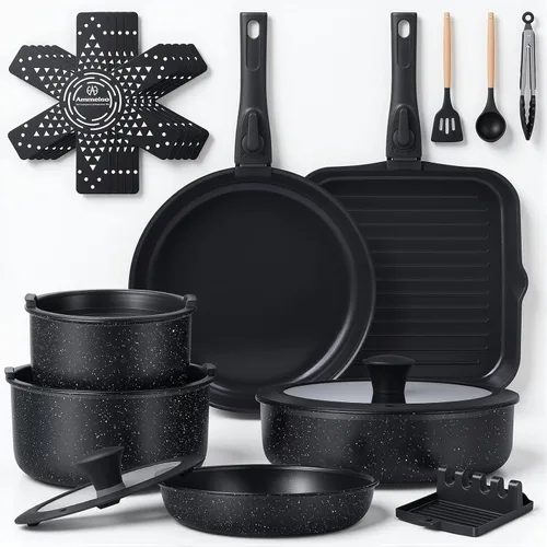 Ammeloo Juego de 21 Piezas de Ollas y Sartenes Antiadherentes con Mango Desmontable y Sartén Parrilla, Juego de Utensilios de Cocina de Cerámica de
